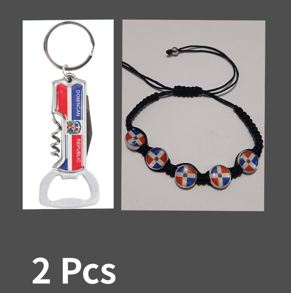 Handmade 🇩🇴 Flag  Black Adjustable Bracelet Dominican Rep & Key Holder 2 Pcs